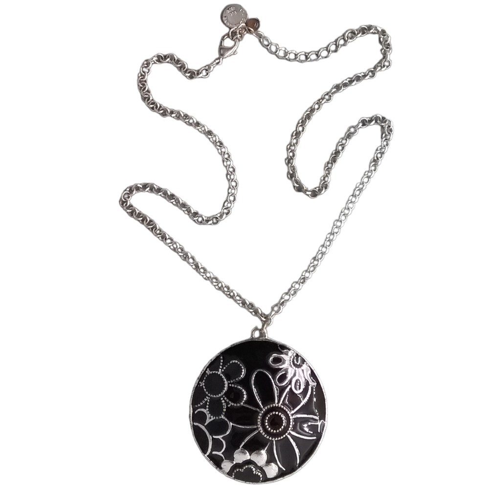 Liz Claiborne Necklace Silvertone Floral Medallion
